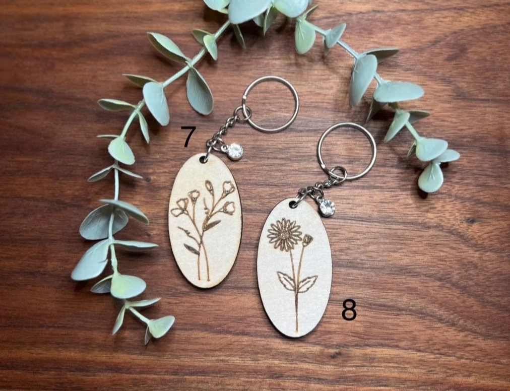 Birth Month Flower Keychain - Prettiest laser engraved flower!